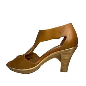 Sofft Dabney Brown Leather Open Toe Pumps Heels Womens Sandal Wooden Size 8.5